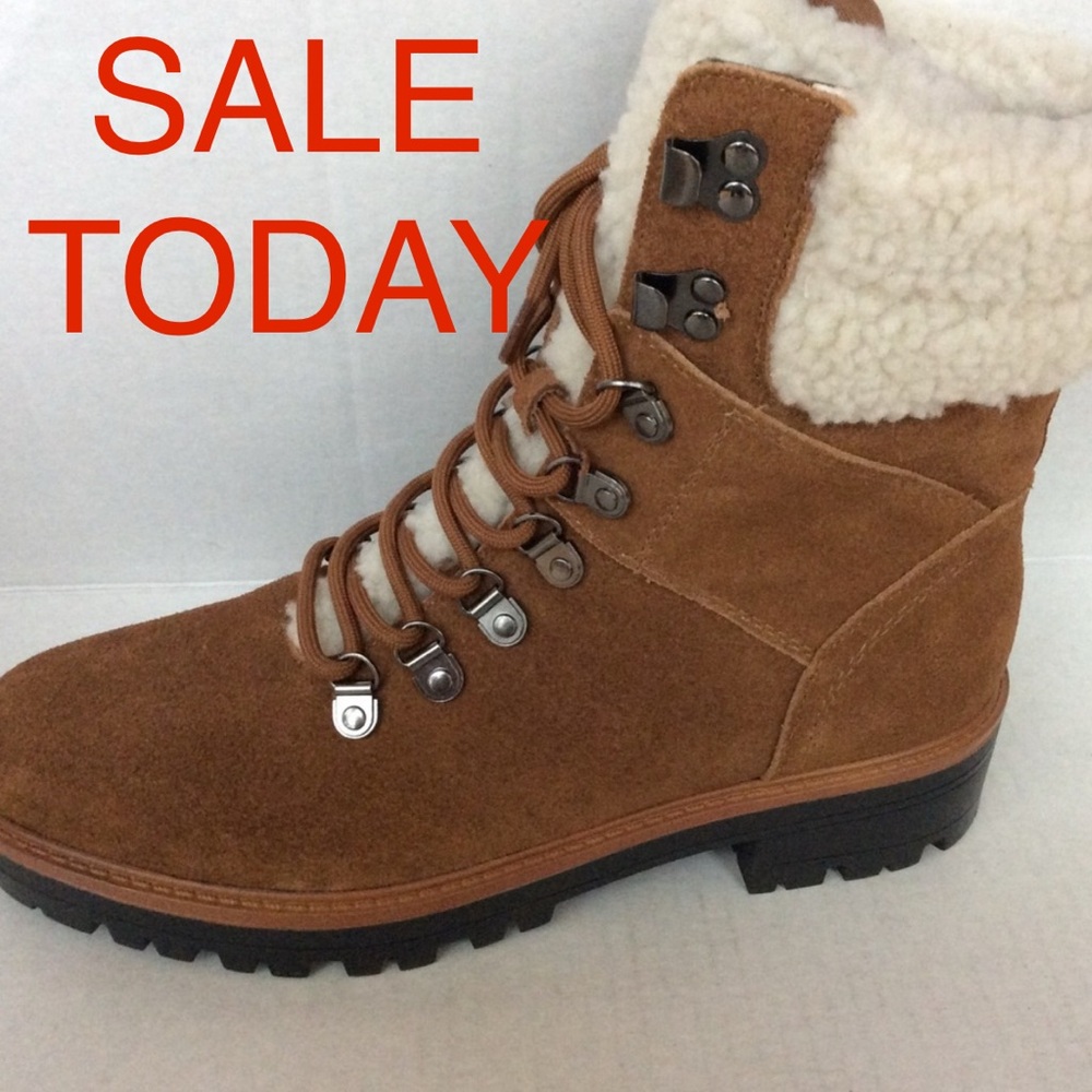 Suede boots Sherpa lined combat style cognac brown upper faux fur collar tongue - Picture 4 of 8